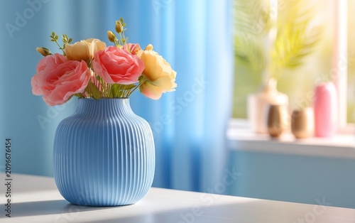 Elegant pink and peach flower bouquet in modern blue ceramic vase on table