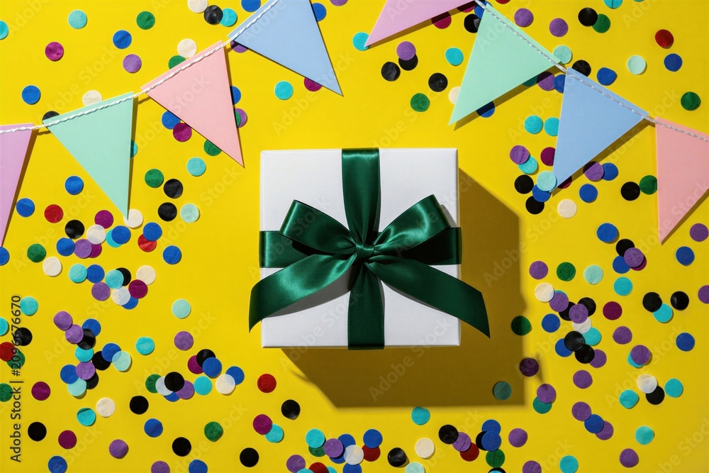 Fototapeta premium White gift box with dark green ribbon sits on vibrant yellow background. Colorful paper bunting flags hang above. Bright confetti sprinkles surround present box for birthday event party. Festive