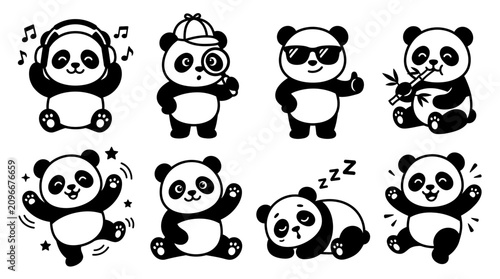 Panda bear cartoon characters dancing happy.