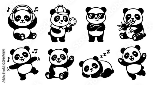 Panda bears in various poses.