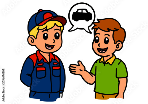 Friendly Mechanic Explaining Vehicle Repair to Customer Cartoon