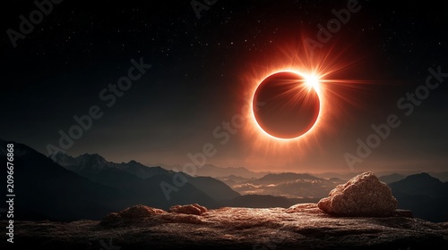 Total solar eclipse with sun rays glowing over dark mountainous landscape