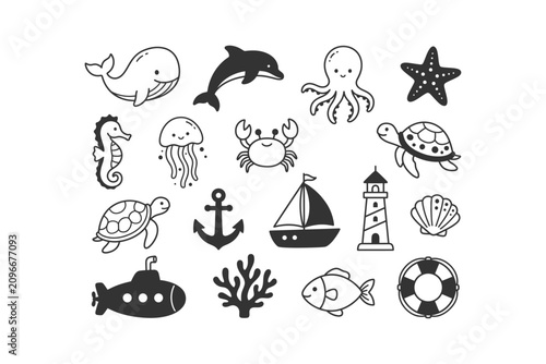 Photography Cute black and white hand drawn marine life icons featuring sea animals and naut