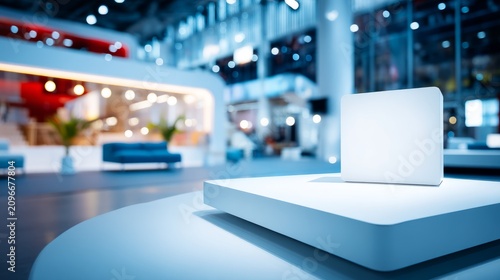 Modern blank laptop computer on white table in bright futuristic showroom