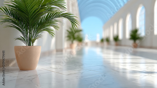 Serene indoor hallway featuring potted palm plants and arched windows with natural light