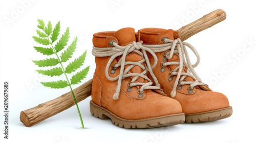 Pair of brown hiking boots with laces by fern and stick