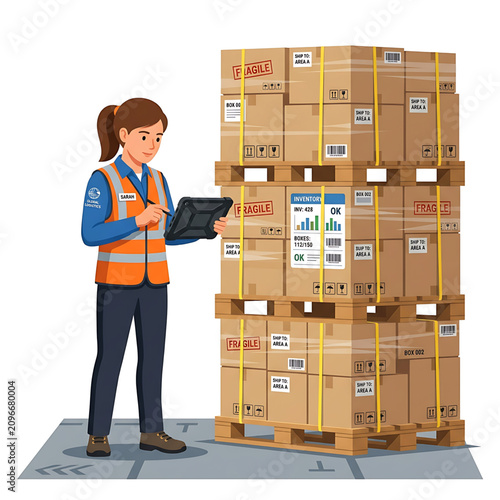 Warehouse worker managing inventory of cardboard boxes on pallets with tablet vector