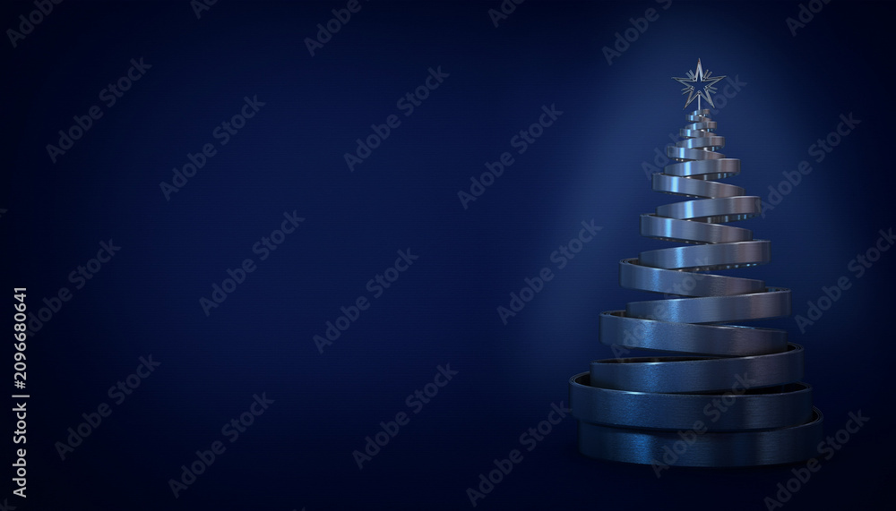 Fototapeta premium Nowoczesna, minimalistyczna choinka złożona z metalicznych, ciemnoszarych krążków ułożonych w stożek i zwieńczona gwiazdą, umieszczona na głębokim, granatowym tle z subtelnym oświetleniem.