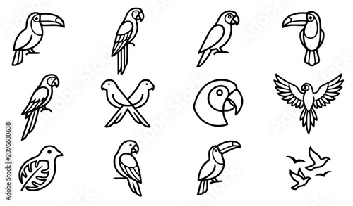 Tableau sur toile Generic rain forest birds vector icon set with simple bold line art classic comp