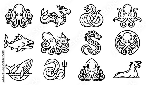 Tableau sur toile Generic mythical sea monsters vector icon set with simple bold line art classic