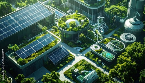 Aerial view of sustainable modern eco industrial park.