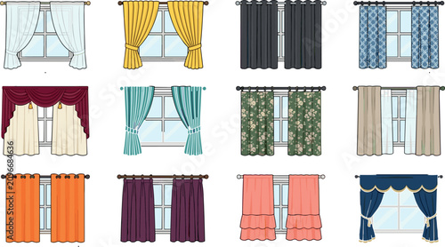 Canvastavla Modern Window Curtain and Luxury Drapery Icon Set with Various Styles Colors and