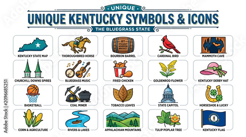 Collection of Kentucky state symbols and culture icons featuring bluegrass region history nature and landmarks for travel design