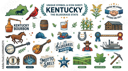 Unique Symbol and Icon Sheet for Kentucky, Celebrating the Bluegrass State's Heritage and Culture