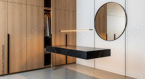 Modern minimalist dressing room with sleek black marble vanity and round mirror.