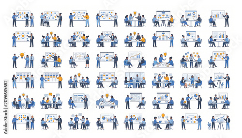 Comprehensive set of business people in collaborative meetings and strategic discussions with business collaboration teamwork strategy planning professional discussion presentation