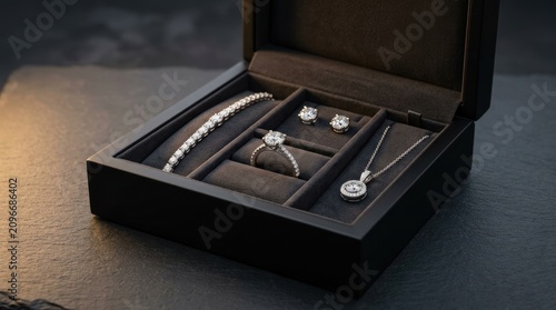 Luxury diamond jewelry set with ring, necklace, earrings, bracelet in black velvet box, for timeless elegance, romantic commitment, high end sophisticated wealth