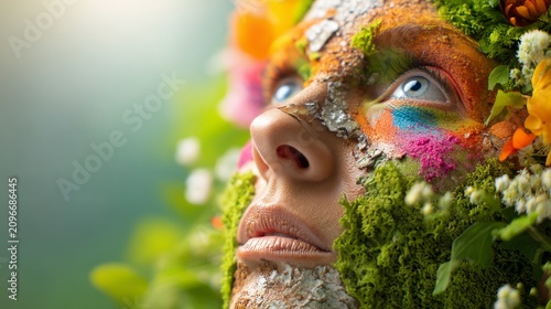 Close-up of artistic woman face covered with moss and colorful paint