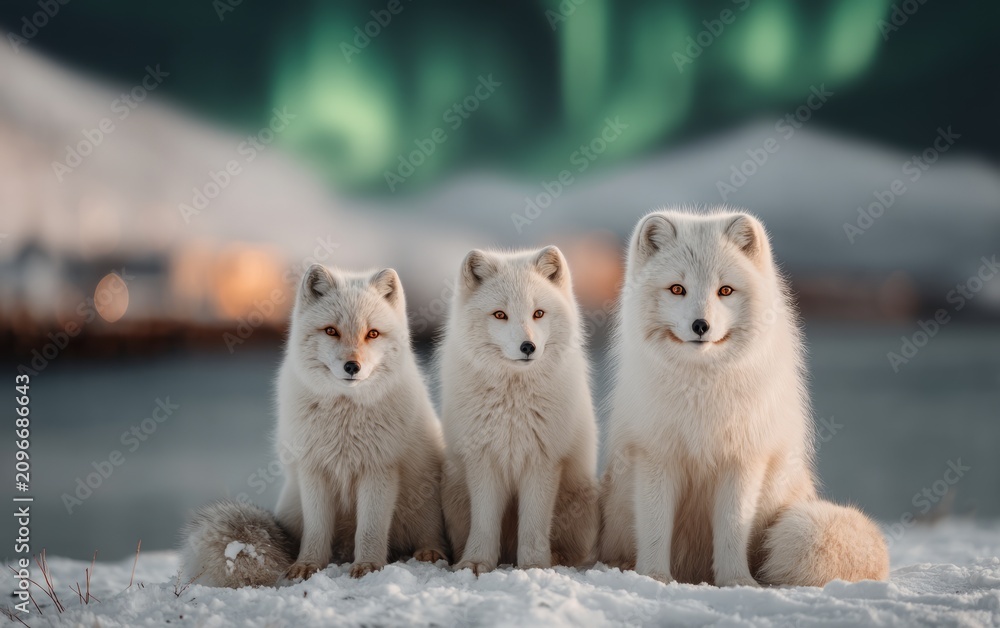 Fototapeta premium Three Arctic foxes sitting on snow with northern lights blurred background