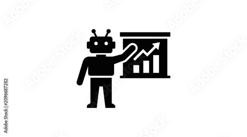 Photos Robot presenter stands next to a chart display to explain business data trends and growth metrics