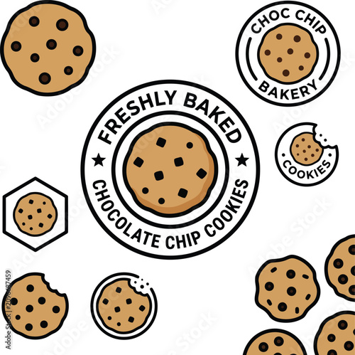 Freshly Baked Chocolate Chip Cookies Seamless Pattern with Bakery Badge Illustration