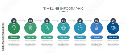 Timeline infographic presentation template with 7 steps or options. Seven phase process infographic. Timeline with cricles, arrow steps, number options and icons. Vector.