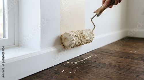 Close-up of a person using a paint roller to apply cream paint to a white wall in a modern home interior