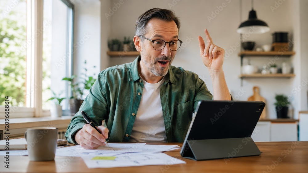 Fototapeta premium Middle-aged man excited during a video call at a home office, raising a finger while taking notes beside a tablet and scattered papers
