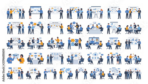 Business teamwork and corporate strategic planning vector illustration pack with teamwork business strategy collaboration brainstorming planning presentation discussion professional