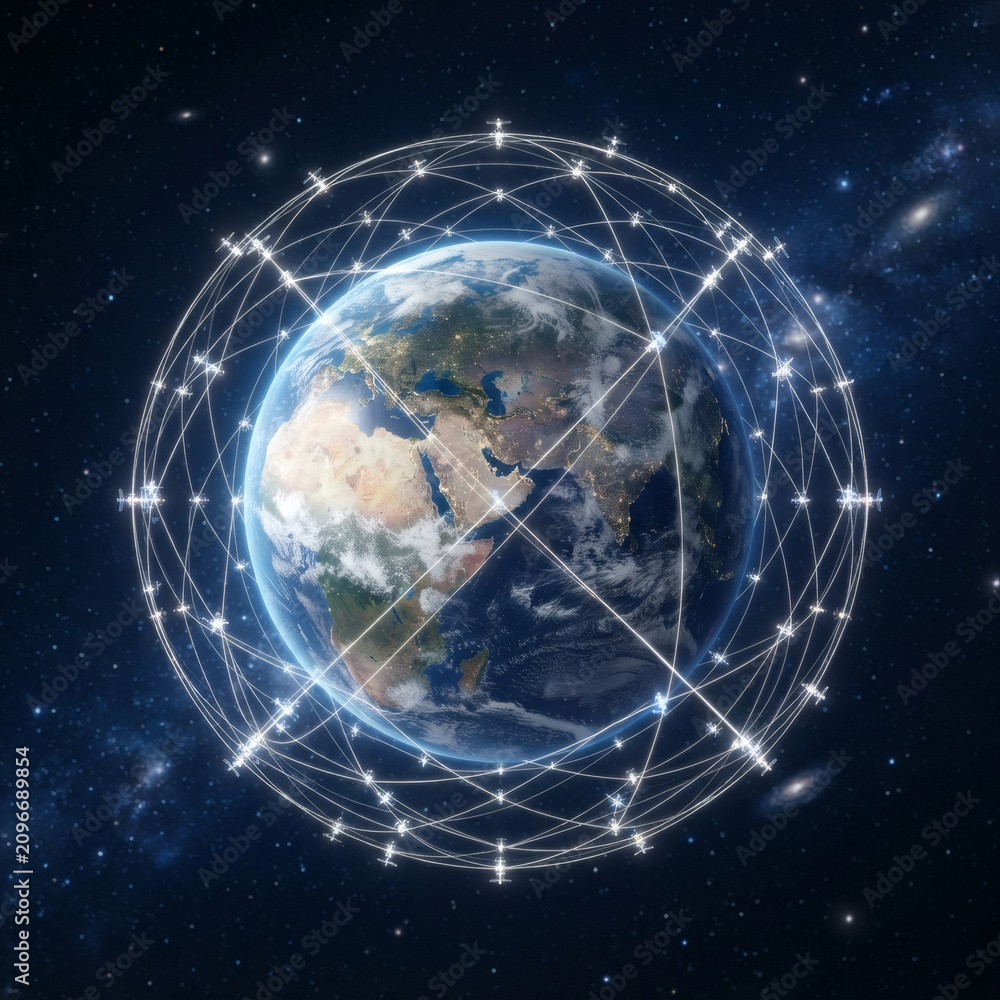 Fototapeta premium A clean 3D planet Earth sphere surrounded by a dense, glowing white grid of interconnected satellite nodes. Thin laser lines wrapping around the globe, space-based internet and decentralized server 