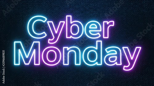 Cyber Monday neon text display with digital glitch effect. Promotional sign for online shopping sale event. Futuristic electronic message with animated interference.
