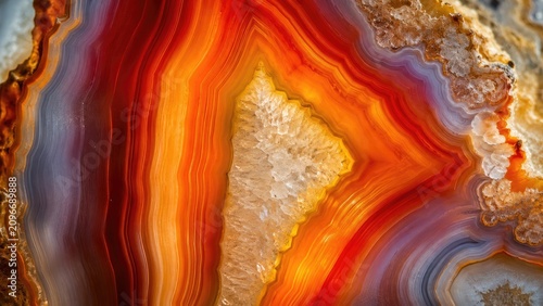 Close-up of a polished agate slice with vivid orange and red banding and a crystalline druzy center