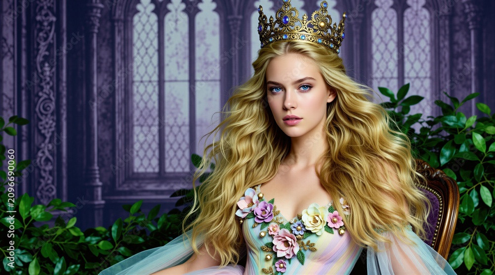 Obraz premium Beautiful young woman wearing golden crown, floral gown poses in dark gothic room. Blonde model with long hair looks at camera like fantasy princess queen. Majestic royal lady sits in vintage