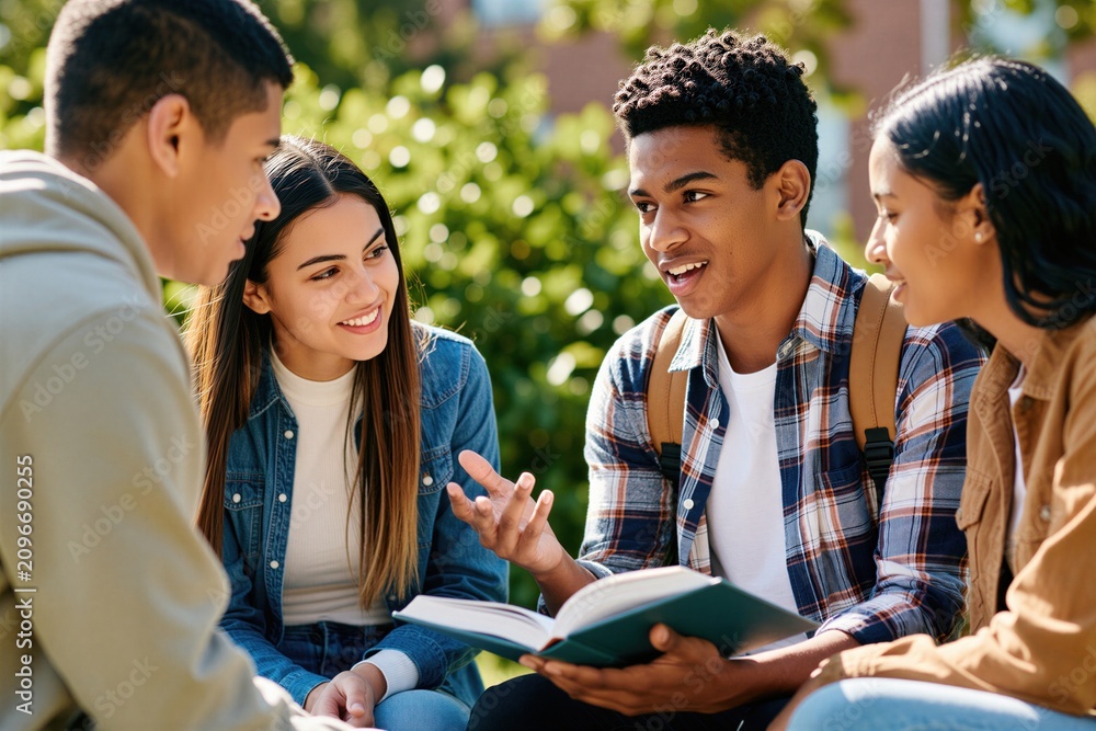 Fototapeta premium Diverse group of young students sitting outside on university campus green lawn. Teens discuss academic project book together with smiles. Multiracial friends share ideas for school research during