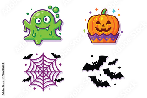 Halloween icons with ghost spider bats pumpkin on white background
