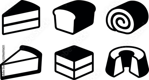 Black and white vector cake and bread icons with six pastry shapes
