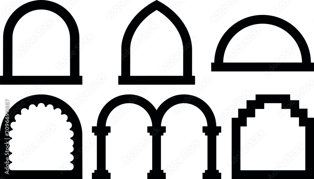 Obraz premium Six black different arch window shapes vector art silhouettes