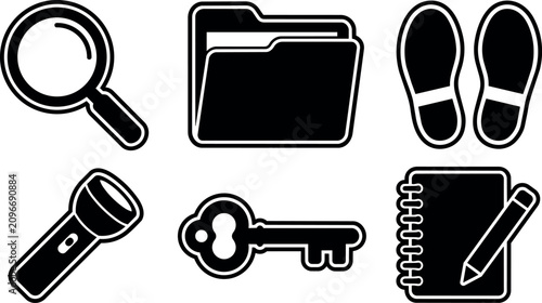 Black and white icons of magnifying glass folder footprints flashlight key and notebook with pencil