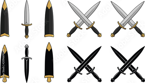 Tableau sur toile Dagger and Crossed Dagger Vector Icon Set with Sheath and Medieval Weapon Collec