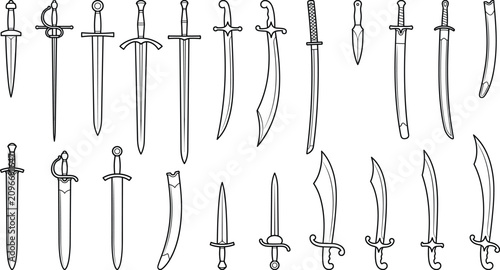 Canvastavla Hand Drawn Vintage Sword Collection Outline Vector Set of Medieval and Historica
