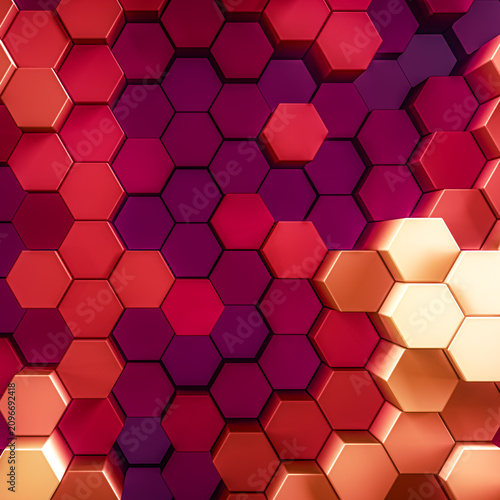 3d rendered background of patterned hexagons in vivid saturated pink and red colors. Three dimensional hex shapes in geometrical patterns for vibrant colorful scientific or technical 3d backgrounds.
