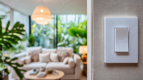 Modern white light switch on wall with blurred cozy living room background