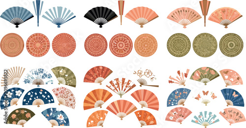 Decorative hand fan collection with floral geometric and vintage patterns featuring traditional Asian folding fans in elegant vector style isolated