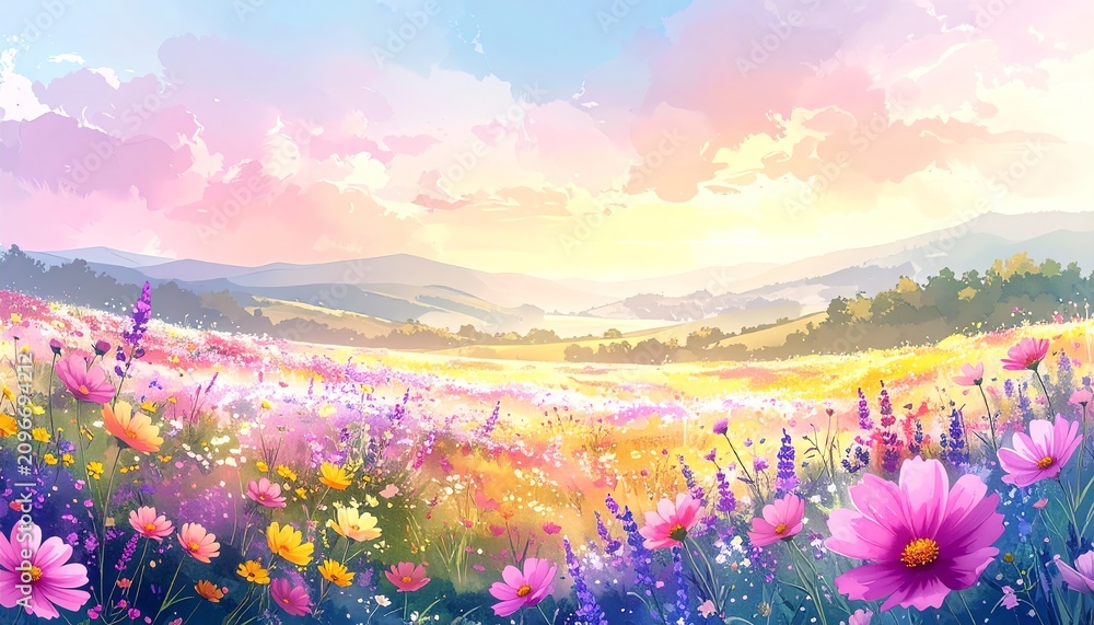 Obraz premium Vibrant watercolor painting of wildflower field under pastel sunset sky