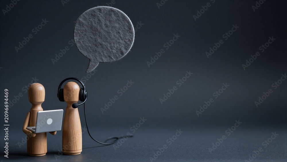 Obraz premium Wooden figures with laptop and headset, speech bubble above them.
