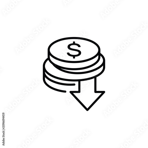 Photography Stack of coins with a downward arrow indicating financial loss or reduced cost,