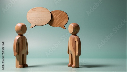 Two wooden figures converse, speech bubbles above their heads.
