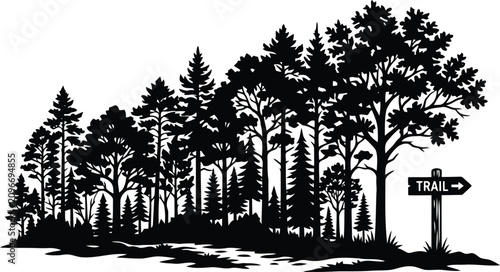 Quadro su tela Black and White Pine Forest Silhouette with Trail Sign for Hiking and Outdoor Ad