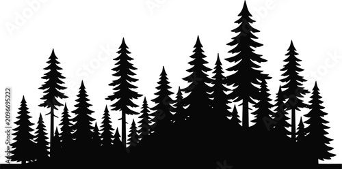 Foto Black Pine Forest Silhouette Isolated on White Background, Evergreen Woodland Tr