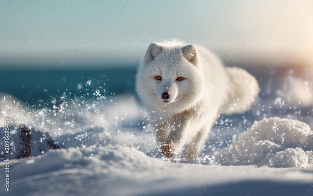 Fototapeta premium Vivid Arctic Fox in Tundra Snowfall Under Dramatic Natural Lighting